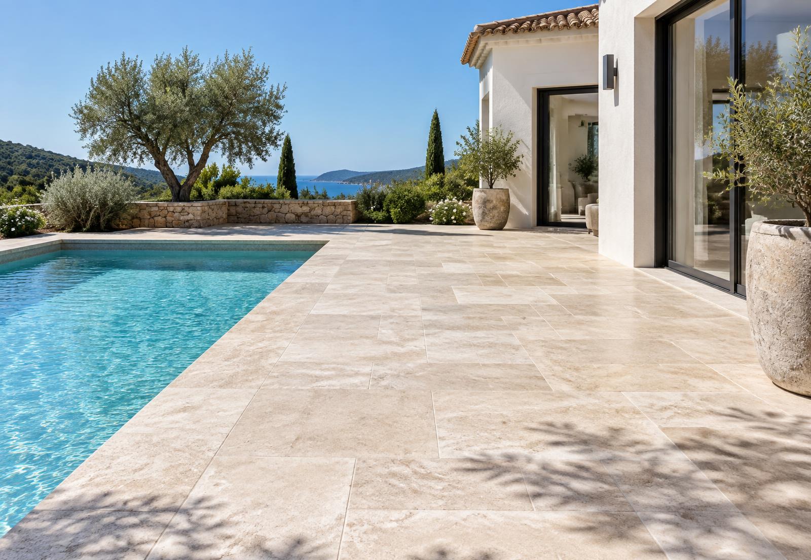 Terrasse en travertin parfaitement nettoyée au bord d’une piscine