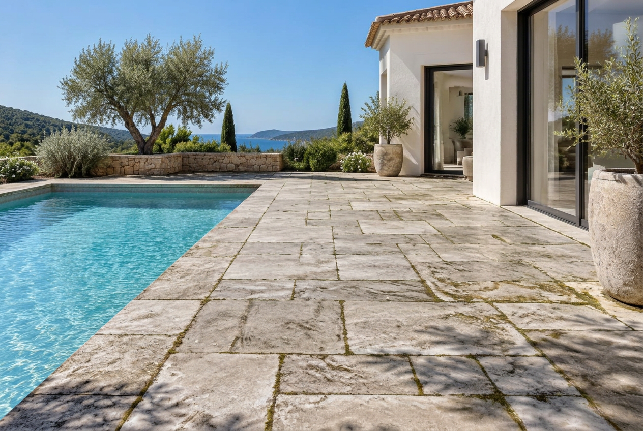 Terrasse en travertin avant nettoyage